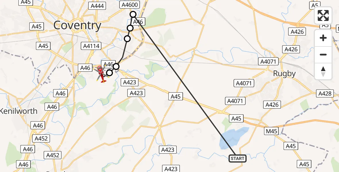 Flight route Air Ambulance Helicopter Rugby - Coventry Airport, 20 July 2026, 12:26