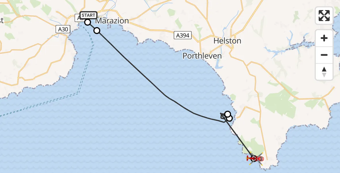 Flight route Air Ambulance Helicopter Penzance Heliport - Lizard, 20 July 2026, 12:27