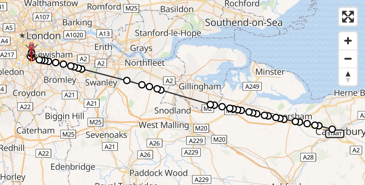 Flight route Air Ambulance Helicopter Harbledown - Kings College London Hospital, 20 July 2026, 12:29