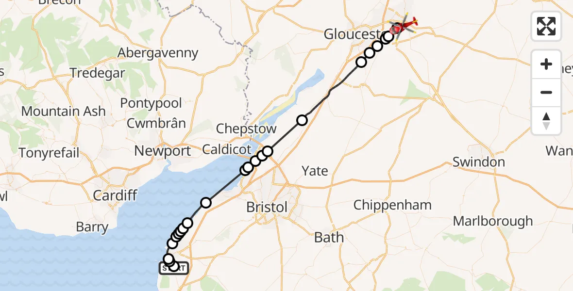 Flight route Air Ambulance Helicopter Bleadon - Cheltenham, 20 July 2026, 12:31