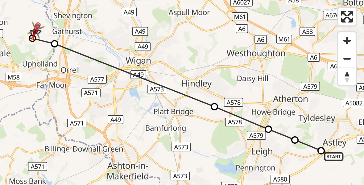 Flight route Air Ambulance Helicopter Astley - West Lancashire, 20 July 2026, 12:41