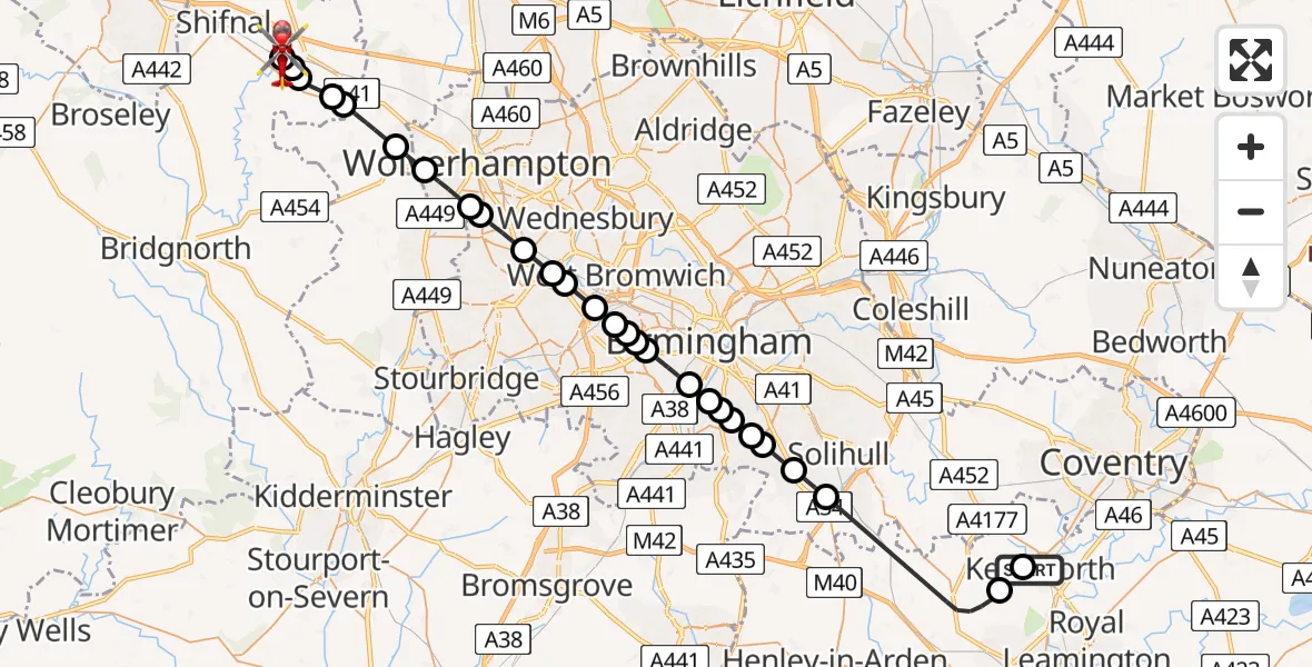Flight route Air Ambulance Helicopter Kenilworth - Cosford, 20 July 2026, 12:41