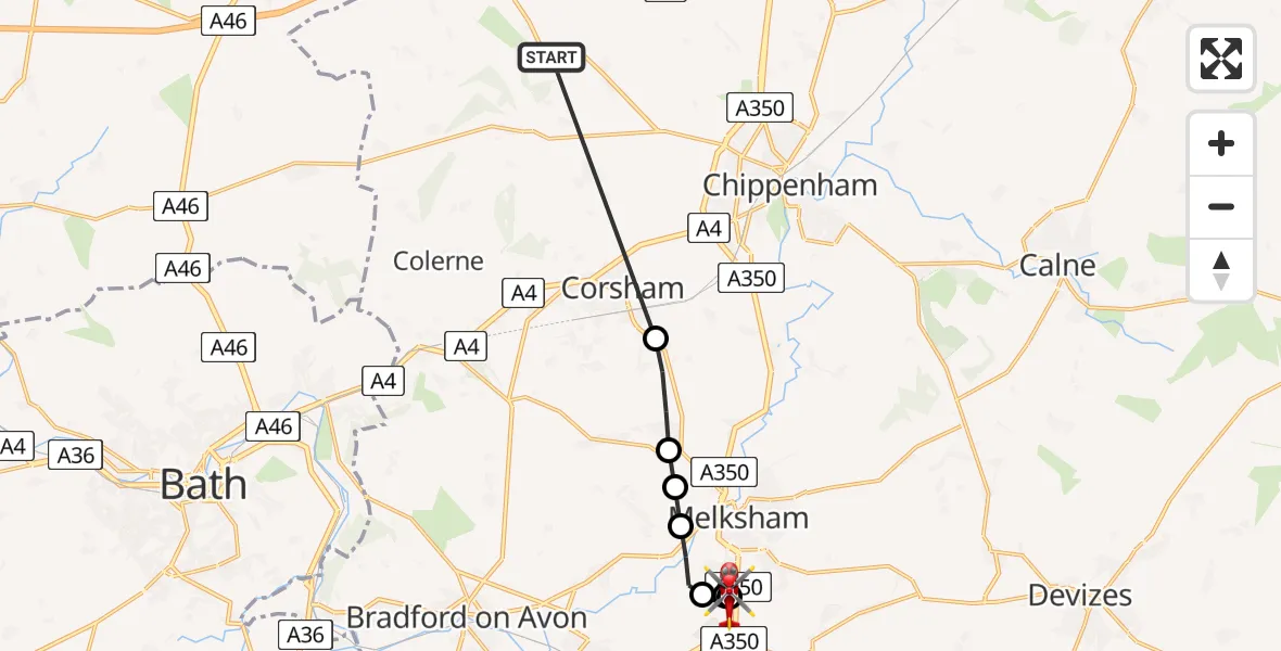 Flight route Air Ambulance Helicopter RAF Castle Combe - Wiltshire Air Ambulance, 20 July 2026, 12:43
