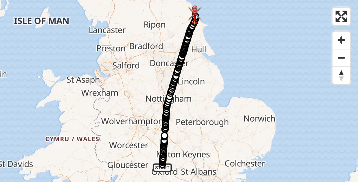 Flight route Air Ambulance Helicopter London Oxford Airport - Scarborough, 20 July 2026, 12:43