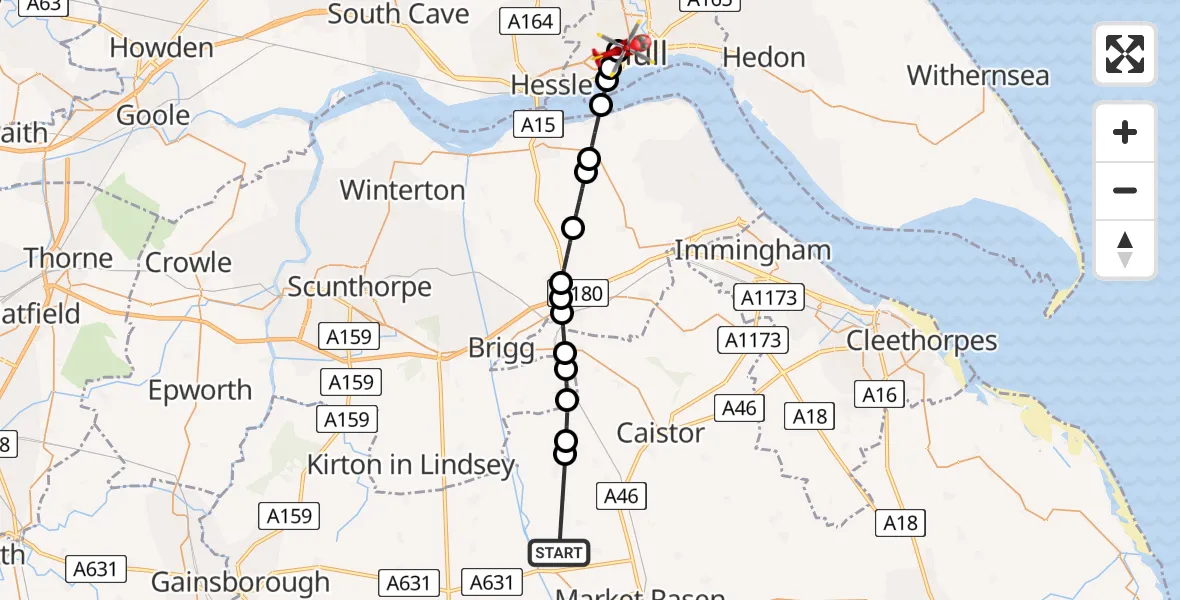 Flight route Air Ambulance Helicopter Osgodby CP - Hull Royal Infirmary, 20 July 2026, 12:43