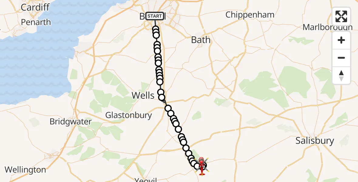 Flight route Air Ambulance Helicopter Bristol - Henstridge Airfield, 20 July 2026, 12:46
