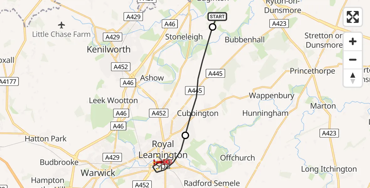 Flight route Air Ambulance Helicopter Coventry Airport - Royal Leamington Spa, 20 July 2026, 12:55