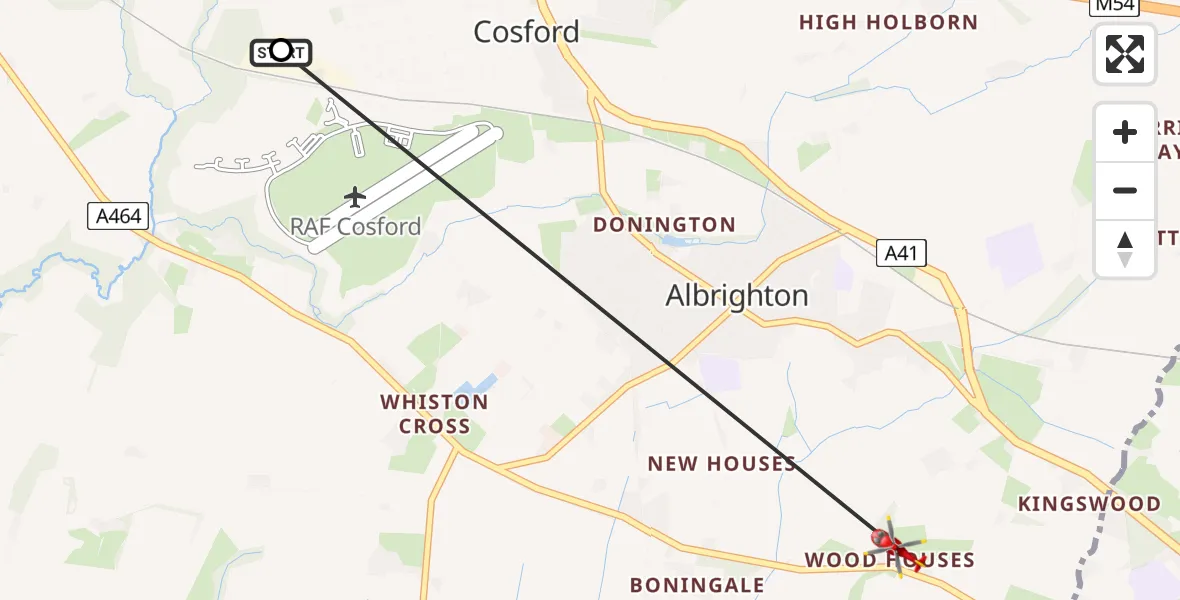 Flight route Air Ambulance Helicopter RAF Cosford - Albrighton, 20 July 2026, 13:01