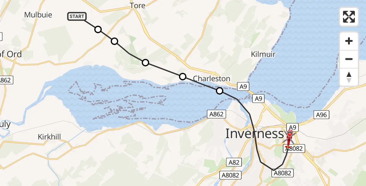 Flight route Air Ambulance Helicopter Mulbuie - Inverness, 20 July 2026, 13:04