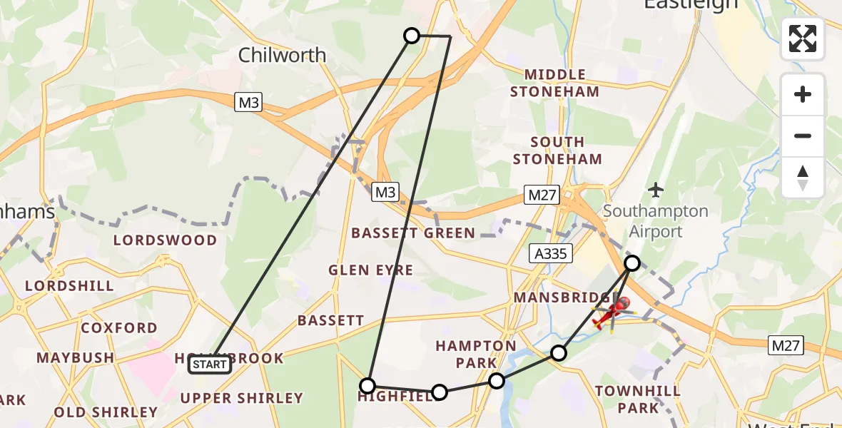 Flight route Air Ambulance Helicopter Hollybrook - Mansbridge, 20 July 2026, 13:05