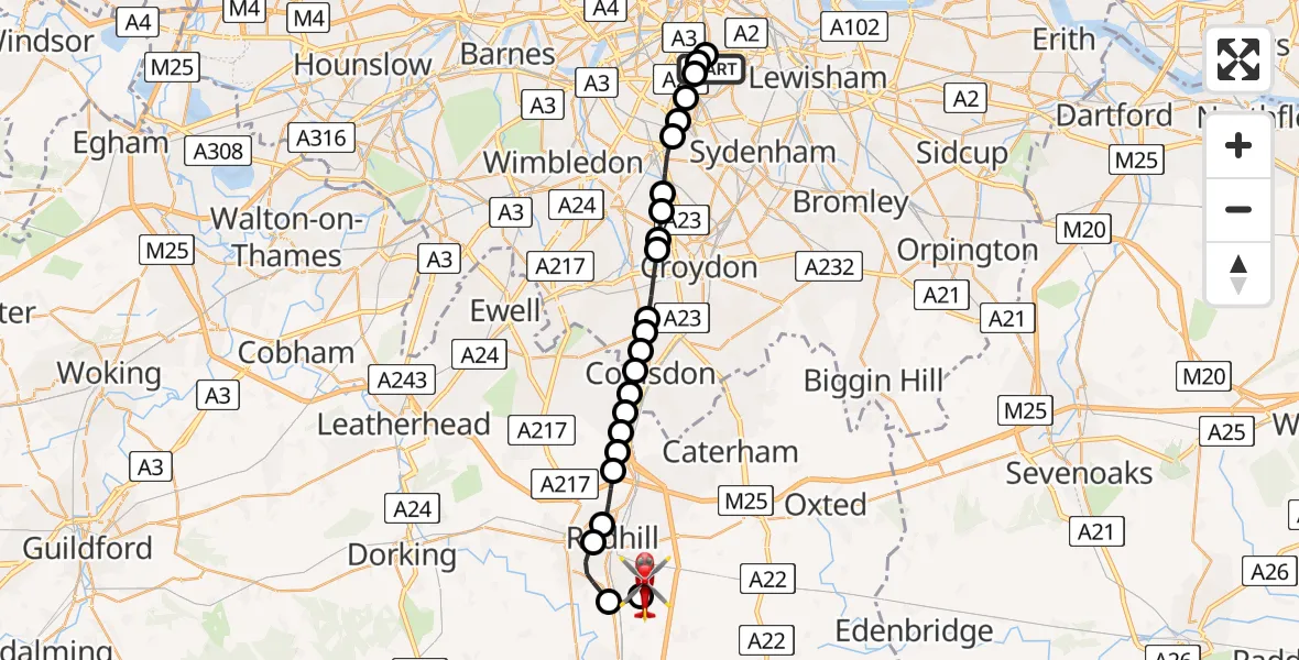 Flight route Air Ambulance Helicopter Kings College London Hospital - Redhill Aerodrome, 20 July 2026, 13:24