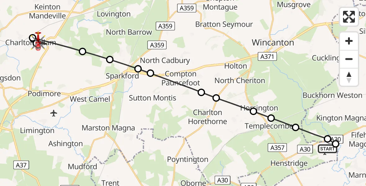 Flight route Air Ambulance Helicopter Henstridge Airfield - Babcary, 20 July 2026, 13:24