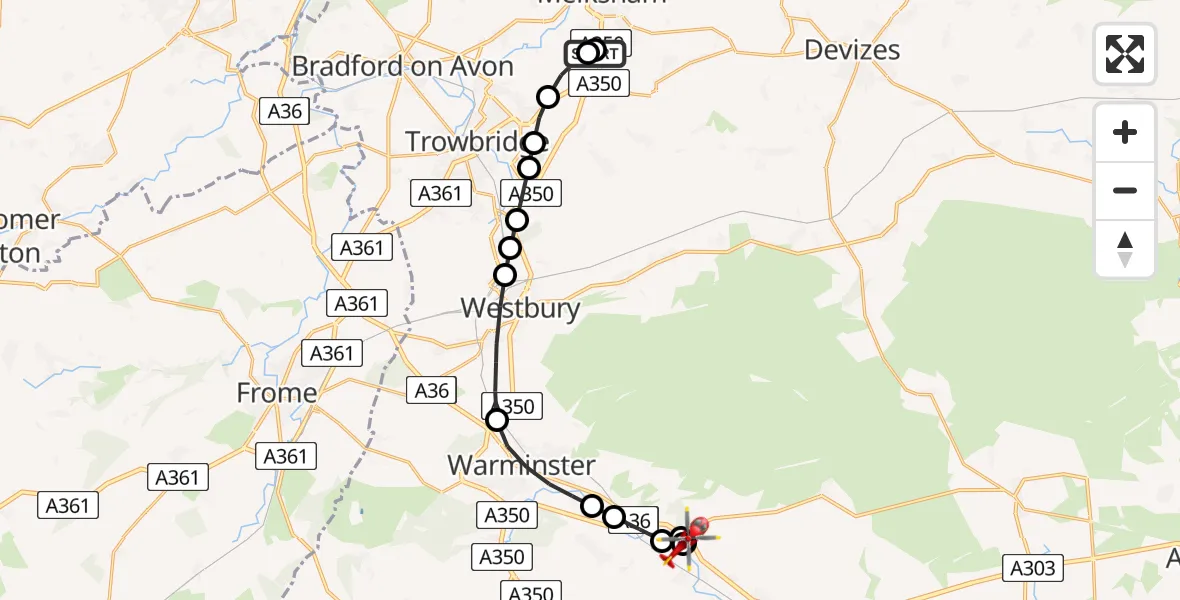 Flight route Air Ambulance Helicopter Wiltshire Air Ambulance - Knook, 20 July 2026, 13:30