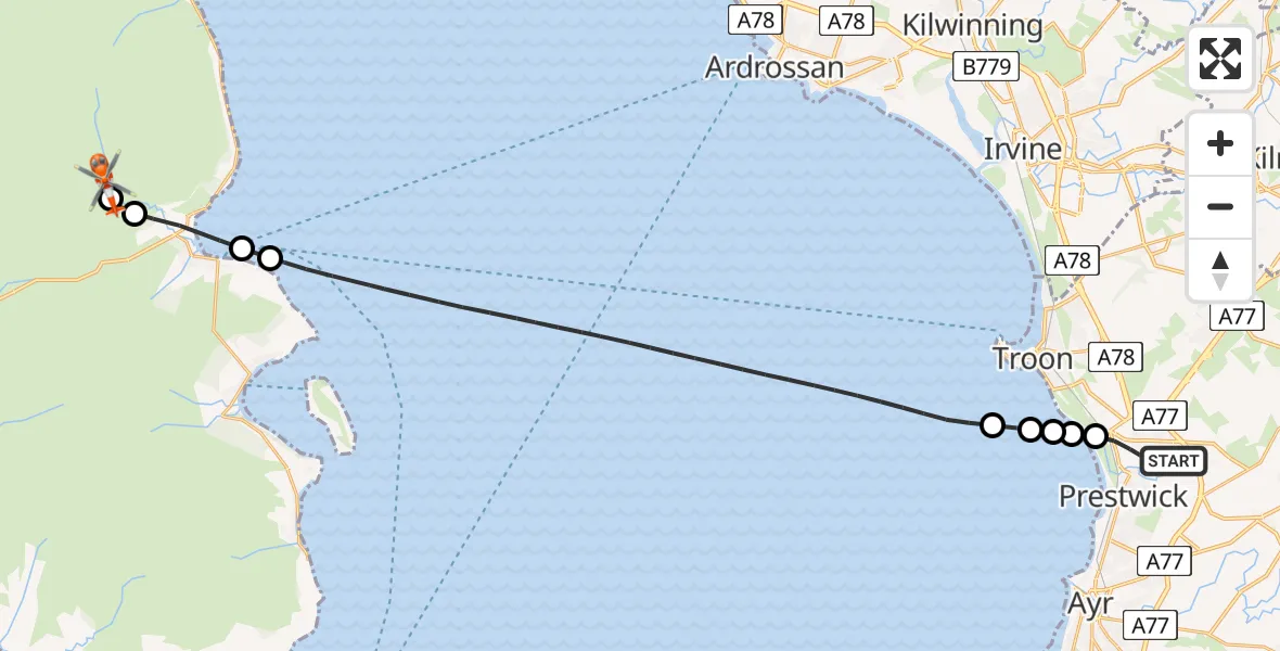 Flight route Coastguard Helicopter Glasgow Prestwick Airport - North Ayrshire, 20 July 2026, 13:38