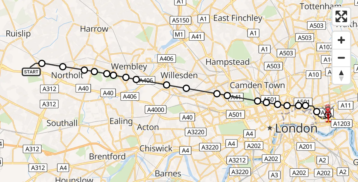 Flight route Air Ambulance Helicopter RAF Northolt - Royal London Hospital, 20 July 2026, 13:38