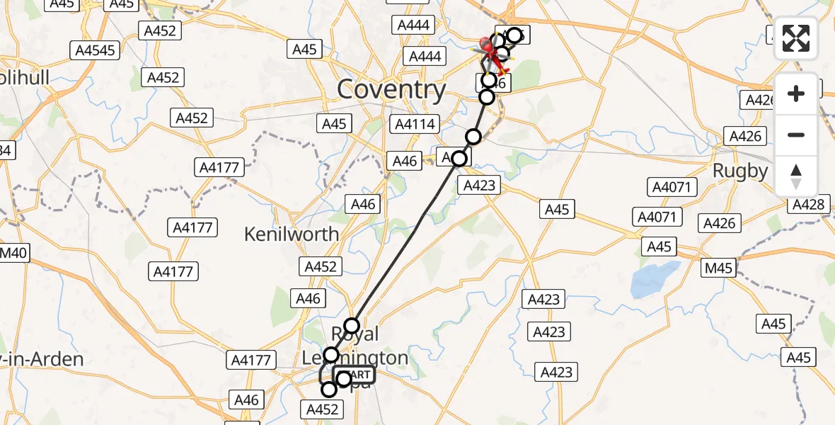 Flight route Air Ambulance Helicopter Royal Leamington Spa - University Hospital Coventry, 20 July 2026, 13:41