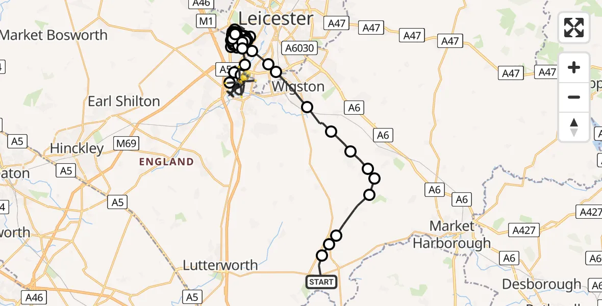 Flight route Police Helicopter North Kilworth - Blaby, 20 July 2026, 13:44