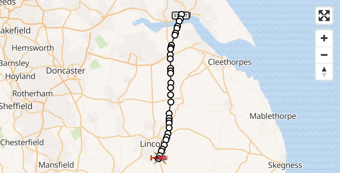 Flight route Air Ambulance Helicopter Hull Royal Infirmary - North Kesteven, 20 July 2026, 13:49
