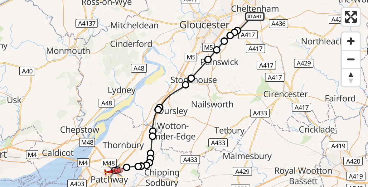 Flight route Air Ambulance Helicopter Cheltenham - Almondsbury Helicopter Base, 20 July 2026, 13:51