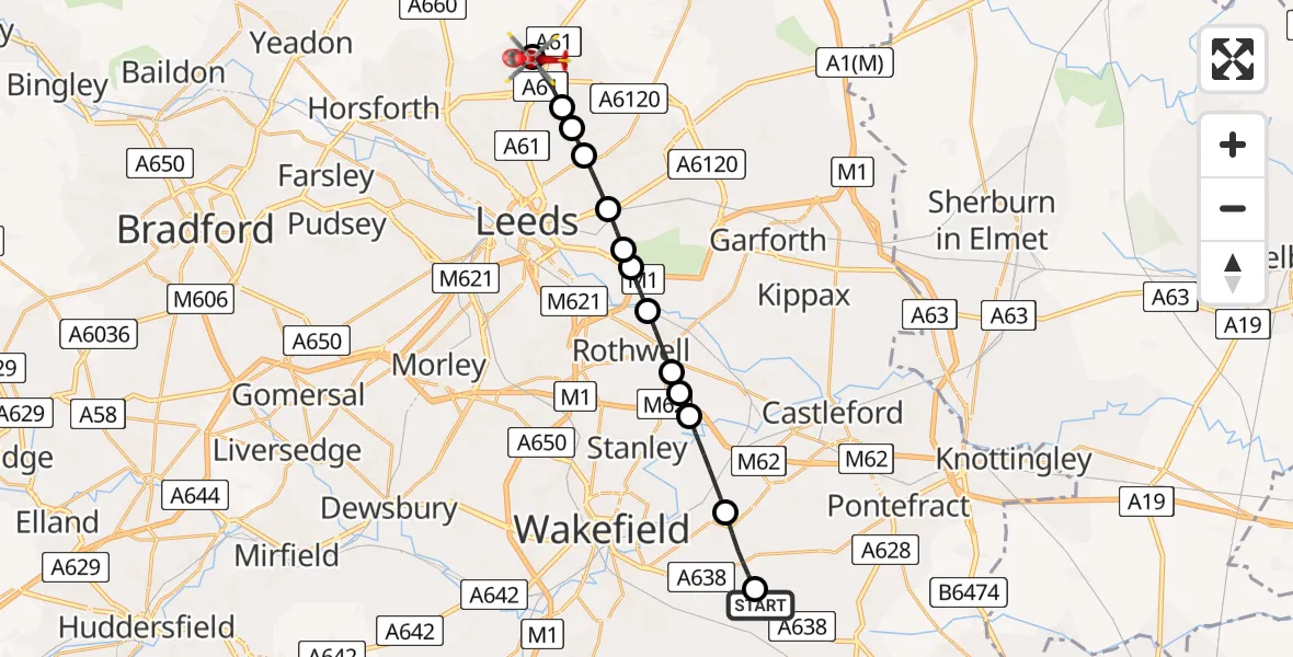 Flight route Air Ambulance Helicopter YAA Nostell Helicopter Port - Alwoodley, 20 July 2026, 13:53