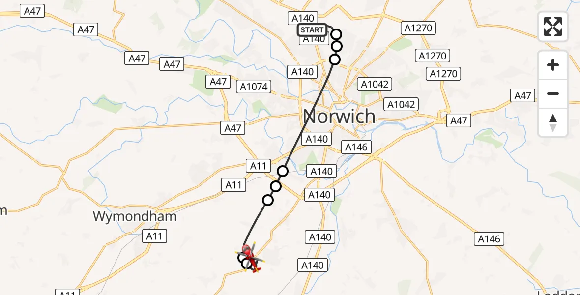 Flight route Air Ambulance Helicopter Norwich Airport - Bracon Ash, 20 July 2026, 13:57