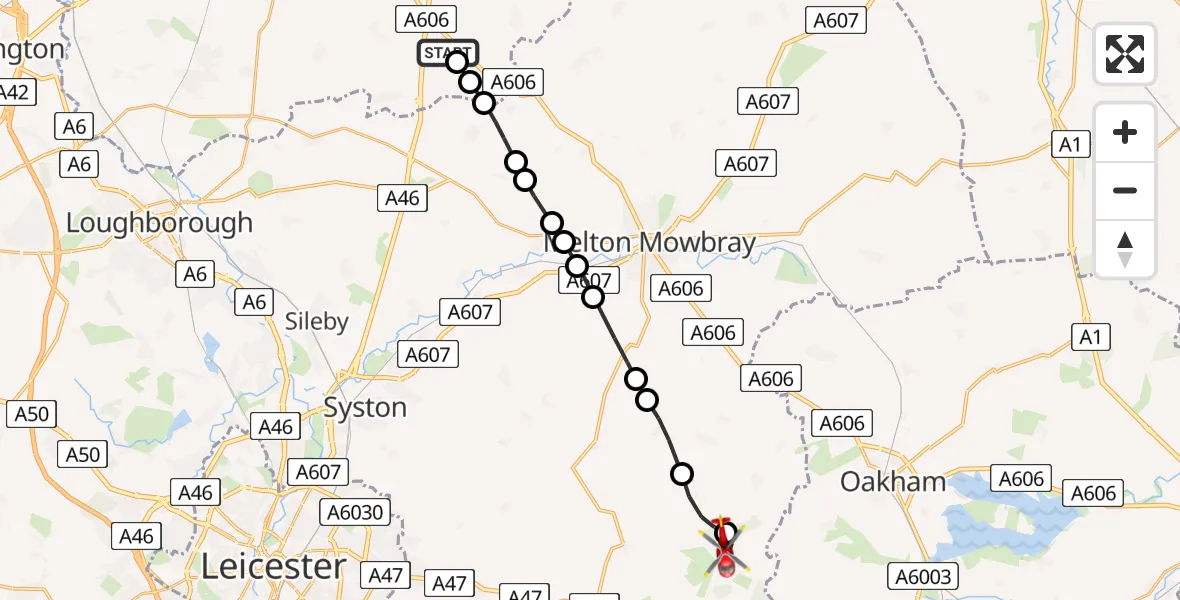 Flight route Air Ambulance Helicopter Hickling - Harborough, 20 July 2026, 13:58