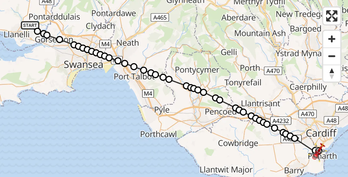 Flight route Air Ambulance Helicopter Dafen - Penarth, 20 July 2026, 14:07