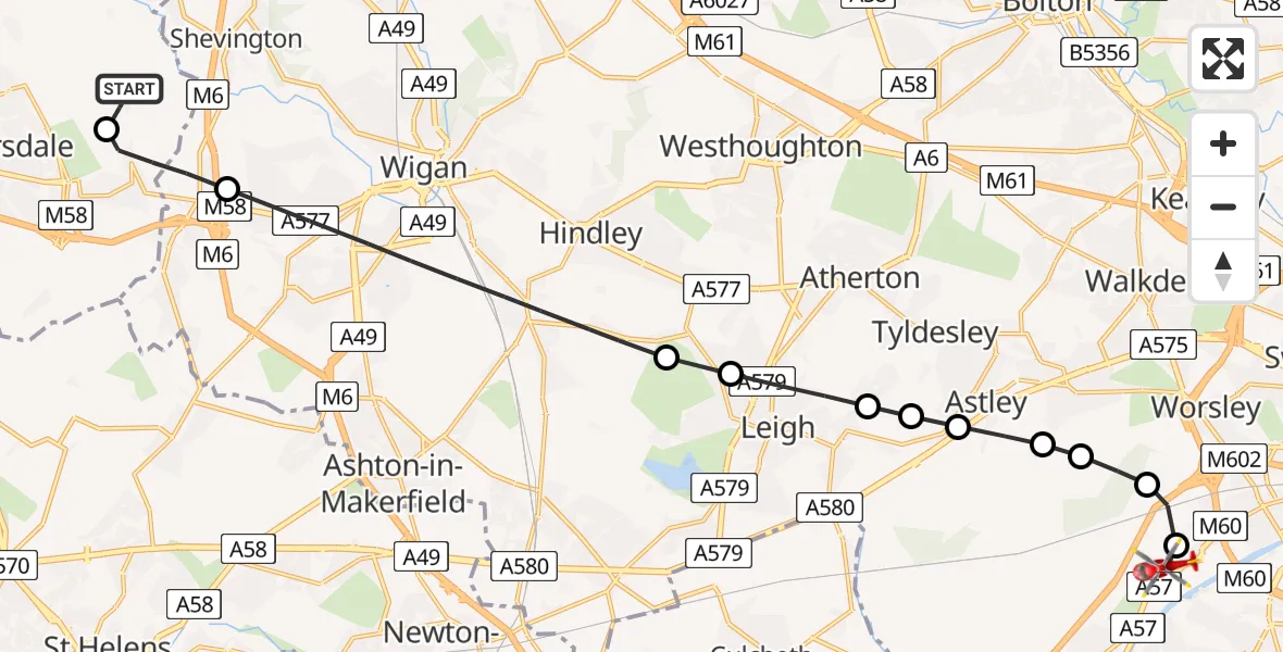 Flight route Air Ambulance Helicopter West Lancashire - Manchester Barton Aerodrome, 20 July 2026, 14:08