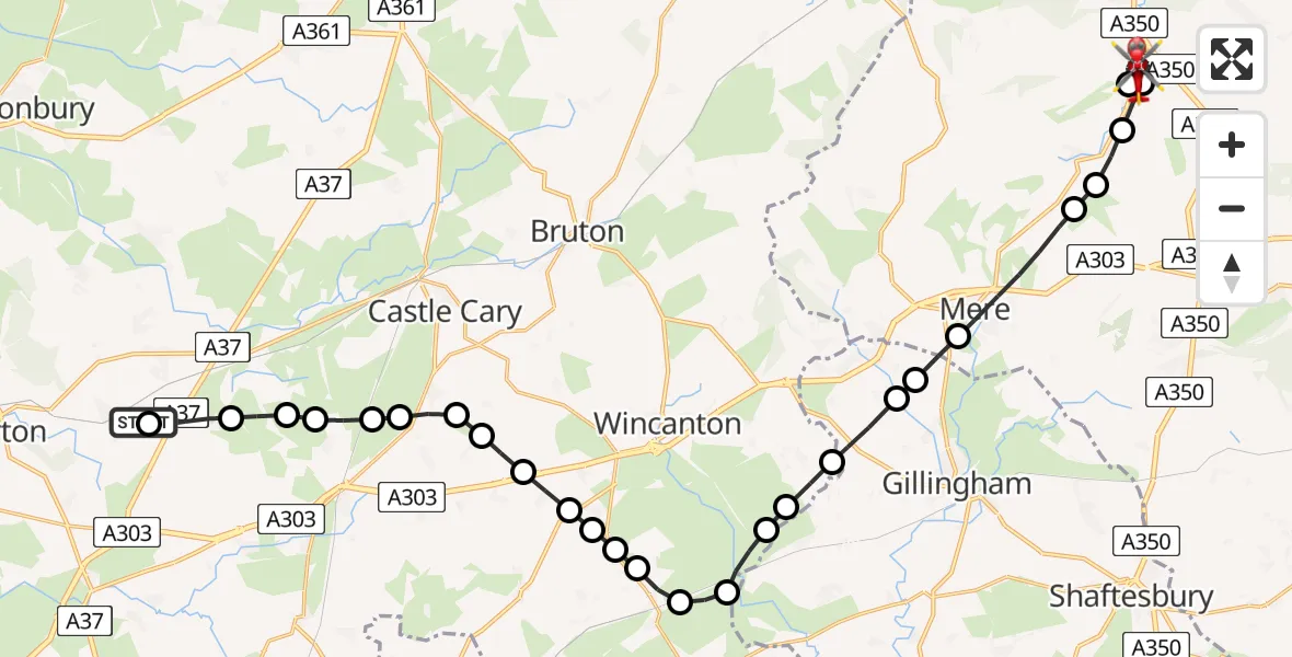 Flight route Air Ambulance Helicopter Charlton Adam - Longbridge Deverill, 20 July 2026, 14:10