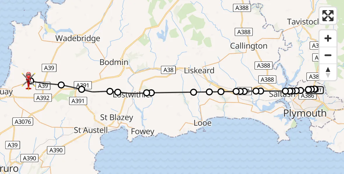 Flight route Air Ambulance Helicopter Derriford Hospital - Cornwall Airport Newquay, 20 July 2026, 14:15