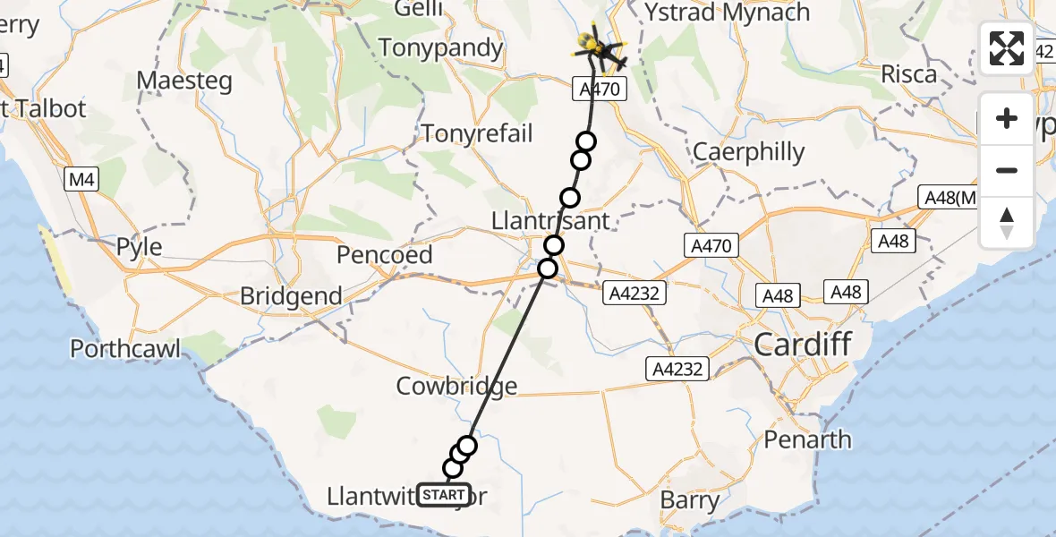 Flight route Police Helicopter Boverton - Pontypridd, 20 July 2026, 14:22