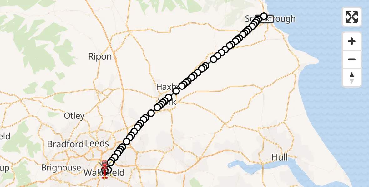 Flight route Air Ambulance Helicopter Scarborough - Stanley, 20 July 2026, 14:26