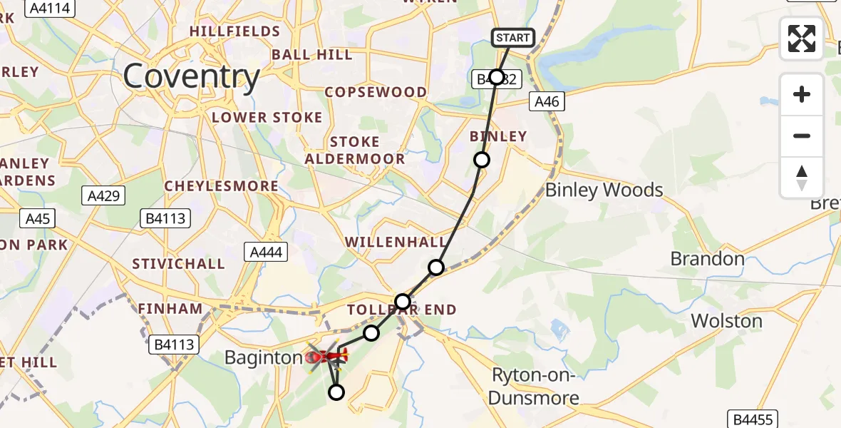 Flight route Air Ambulance Helicopter Clifford Park - Coventry Airport, 20 July 2026, 14:26