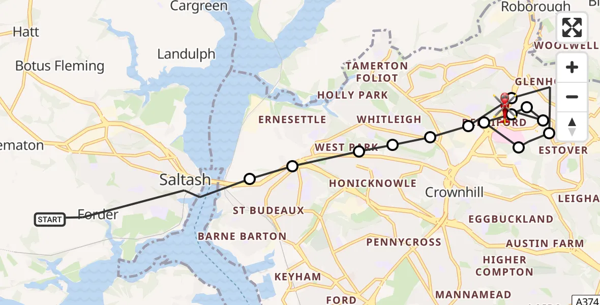 Flight route Air Ambulance Helicopter Saltash - Derriford, 20 July 2026, 14:29