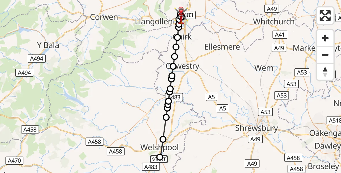 Flight route Air Ambulance Helicopter Welshpool Airport - Plas Madoc, 20 July 2026, 14:29