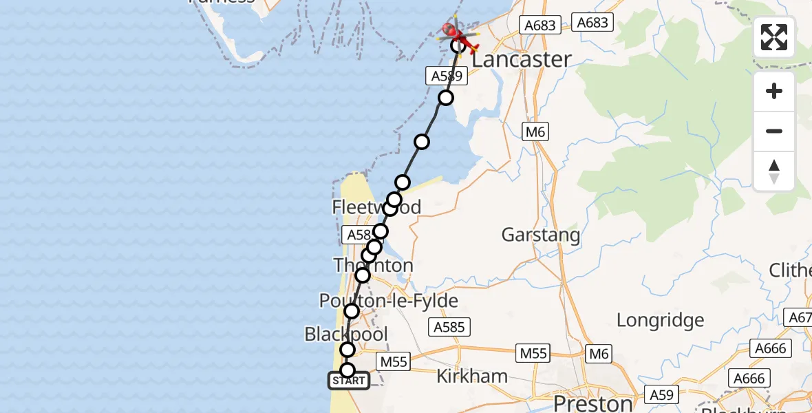 Flight route Air Ambulance Helicopter Blackpool Airport - Morecambe, 20 July 2026, 14:32