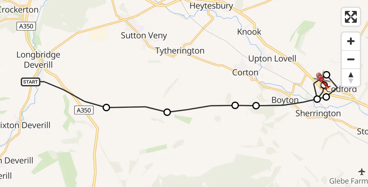 Flight route Air Ambulance Helicopter Hill Deverill - Sherrington, 20 July 2026, 14:32