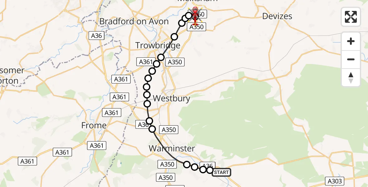 Flight route Air Ambulance Helicopter Knook - Wiltshire Air Ambulance, 20 July 2026, 14:34