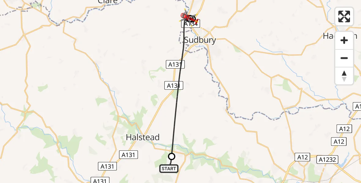 Flight route Air Ambulance Helicopter Earls Colne Airfield - Braintree, 20 July 2026, 14:35
