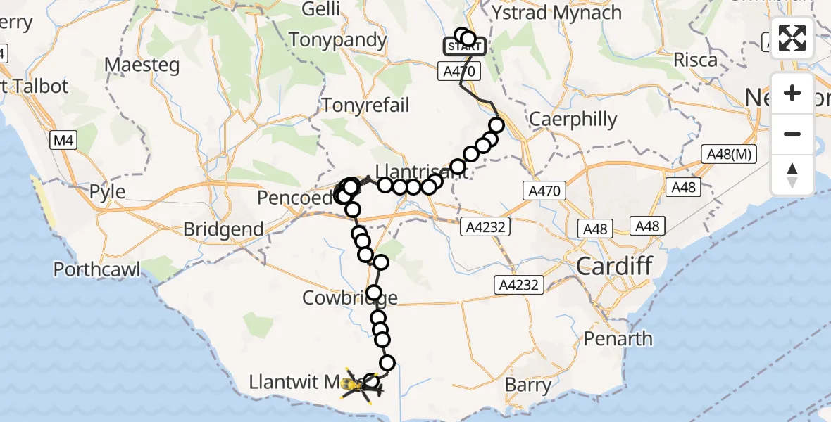 Flight route Police Helicopter Pontypridd - MOD St Athan, 20 July 2026, 14:35