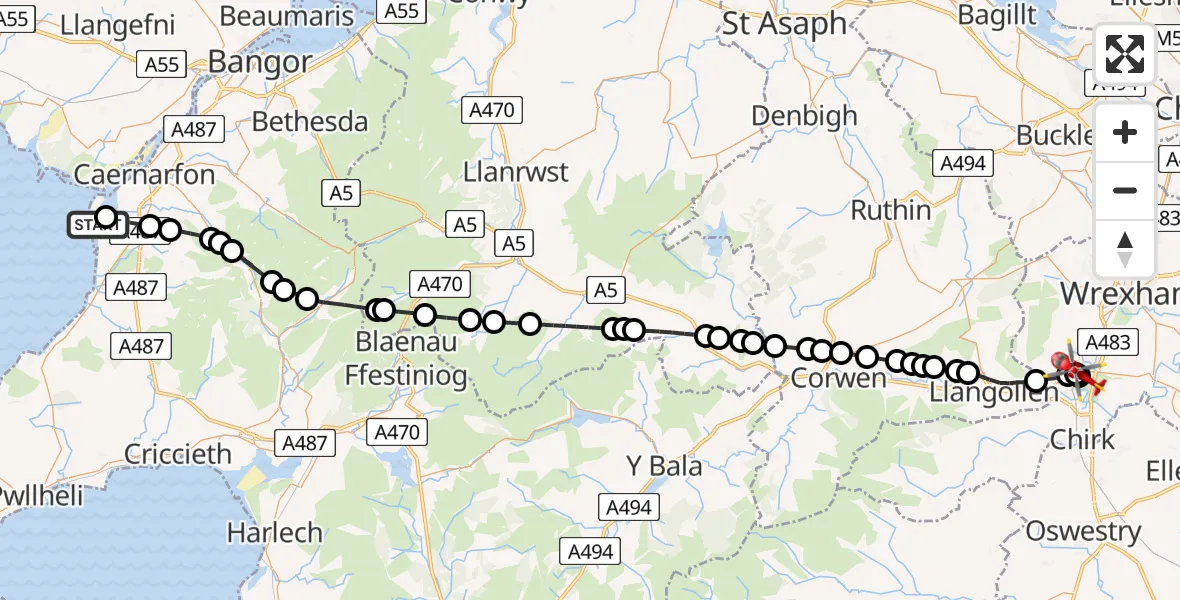 Flight route Air Ambulance Helicopter Caernarfon Airport - Plas Madoc, 20 July 2026, 14:35