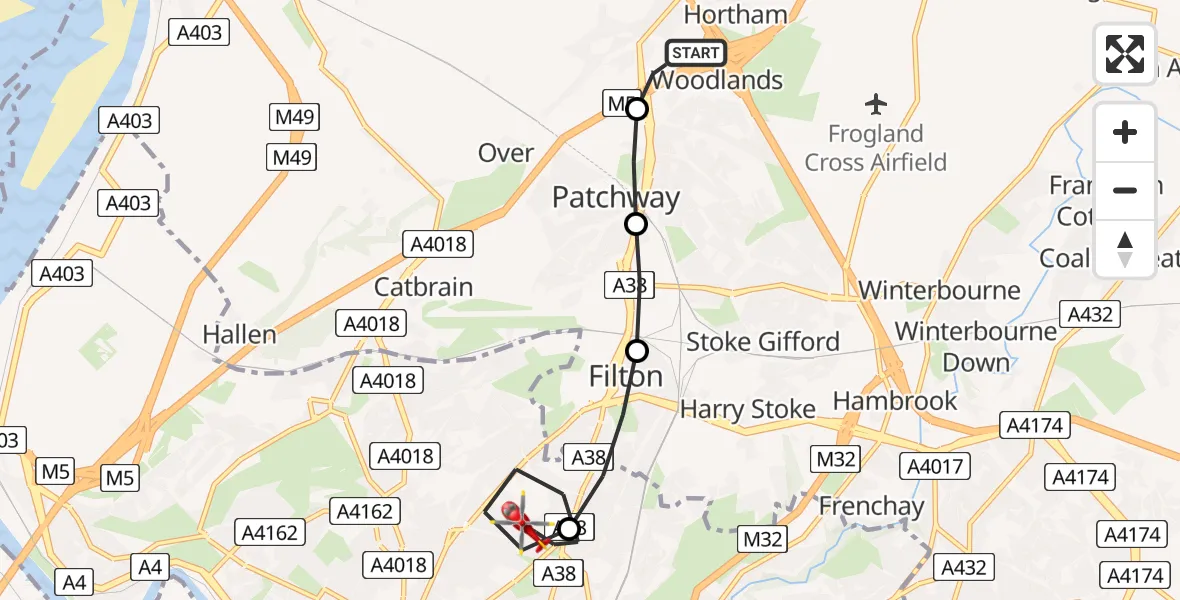 Flight route Air Ambulance Helicopter Almondsbury Helicopter Base - Bristol, 20 July 2026, 14:37