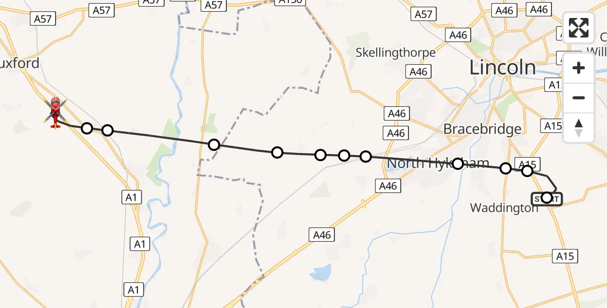 Flight route Air Ambulance Helicopter RAF Waddington - Weston CP, 20 July 2026, 14:38