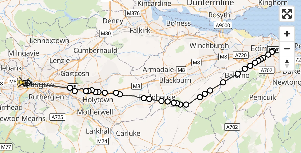 Flight route Police Helicopter Holyrood Palace temp landing site - Glasgow, 20 July 2026, 14:38