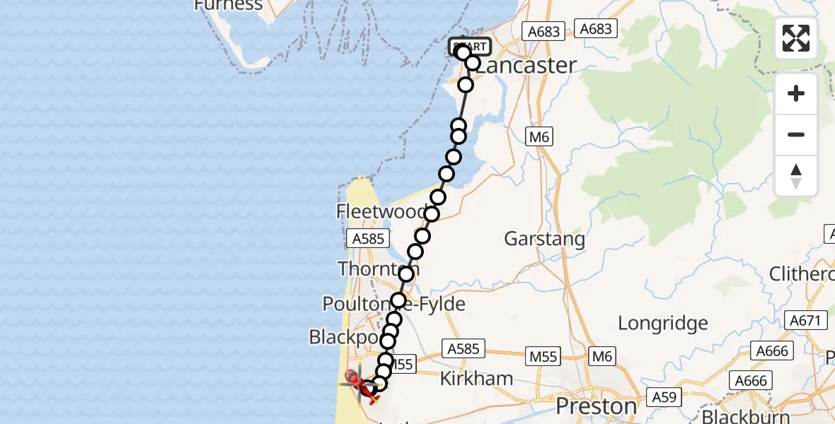 Flight route Air Ambulance Helicopter Morecambe - Blackpool Airport, 20 July 2026, 14:44