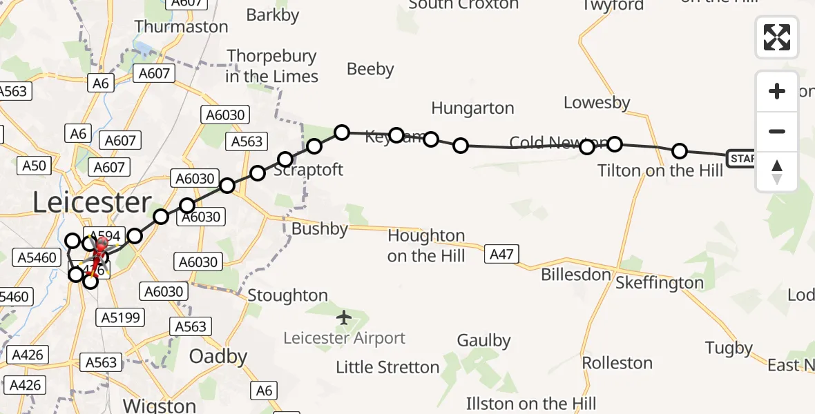 Flight route Air Ambulance Helicopter Owston - Knighton Fields, 20 July 2026, 14:47