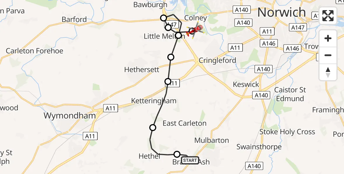 Flight route Air Ambulance Helicopter Bracon Ash - Norfolk & Norwich Hospital, 20 July 2026, 14:54