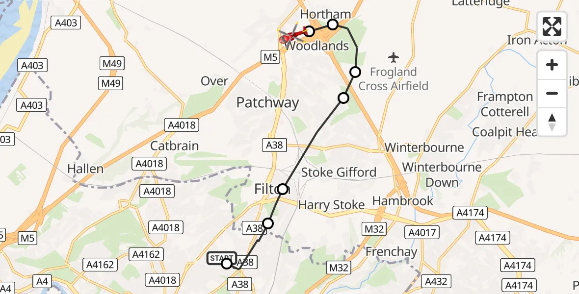 Flight route Air Ambulance Helicopter Southmead Hospital - Almondsbury Helicopter Base, 20 July 2026, 15:07