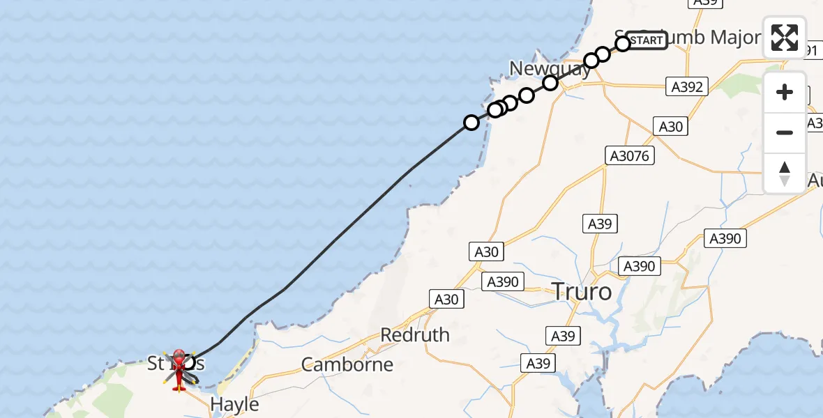 Flight route Air Ambulance Helicopter Cornwall Airport Newquay - St. Ives, 20 July 2026, 15:08