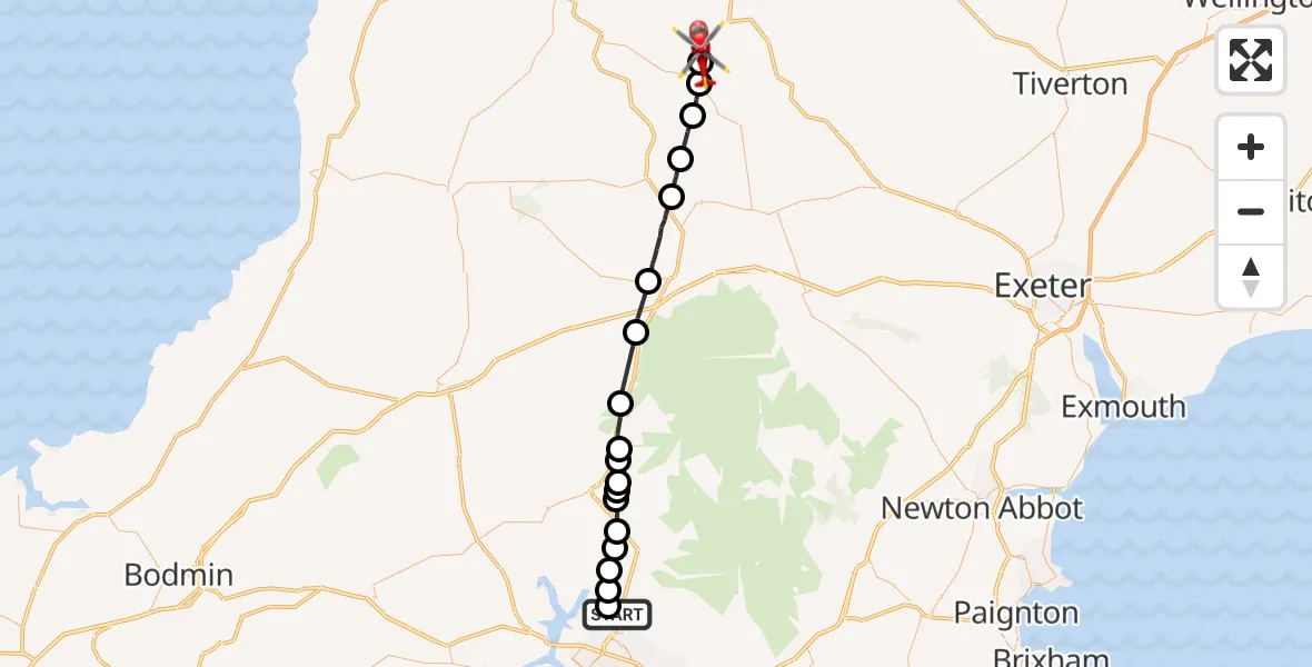 Flight route Air Ambulance Helicopter Belliver - Roborough, 20 July 2026, 15:12